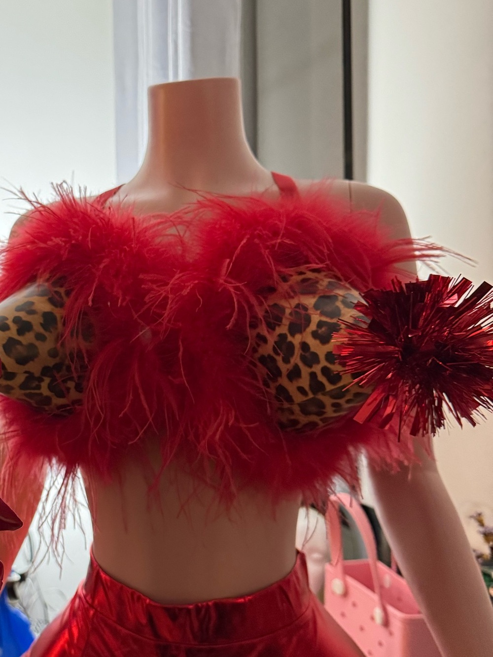 Red Feather Trim Leopard Print Bralette